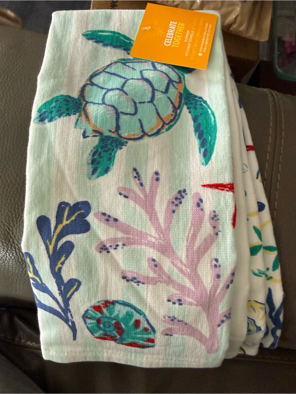 Kohl's Sea Turtle Print Kitchen Towel in Teal, Aqua, Pink, Navy. Set of 2